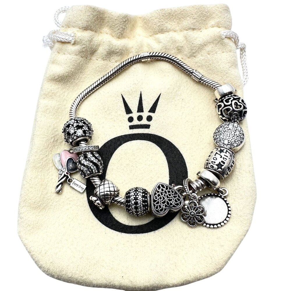 Pandora Sterling Silver Charm Bracelet 7" Loaded with Charms 37 Grams And Pouche